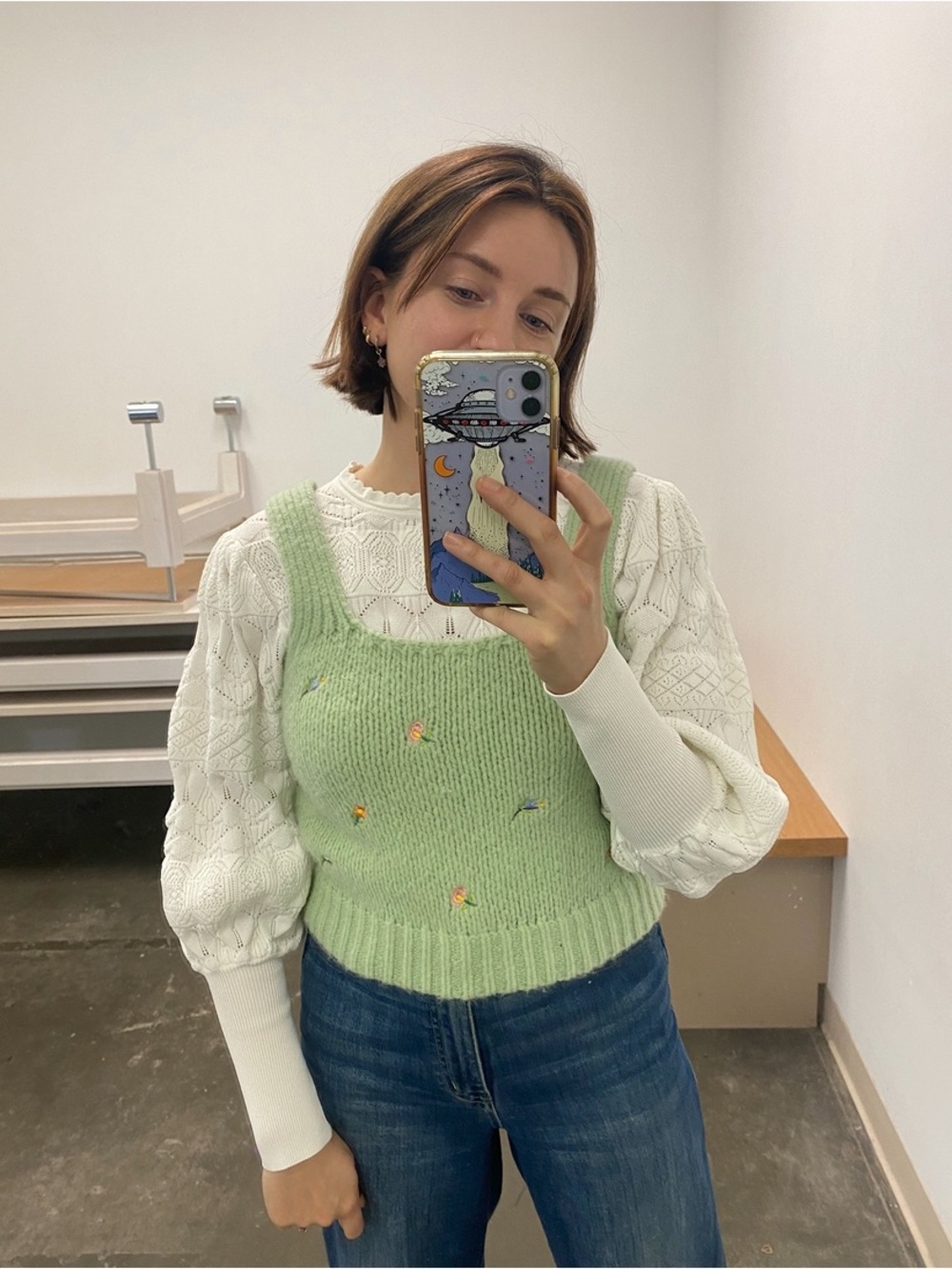 Light Green Embroidered Knit Tank Sweater